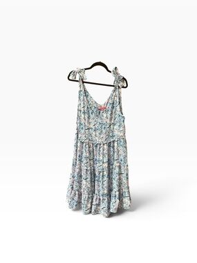Simply Southern Blue Floral Tie-Shoulder Ruffled Relaxed Dress Large NWT
